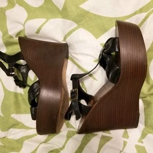 Michael Kors, Black Leather, Wood Wedges, Sz 6M